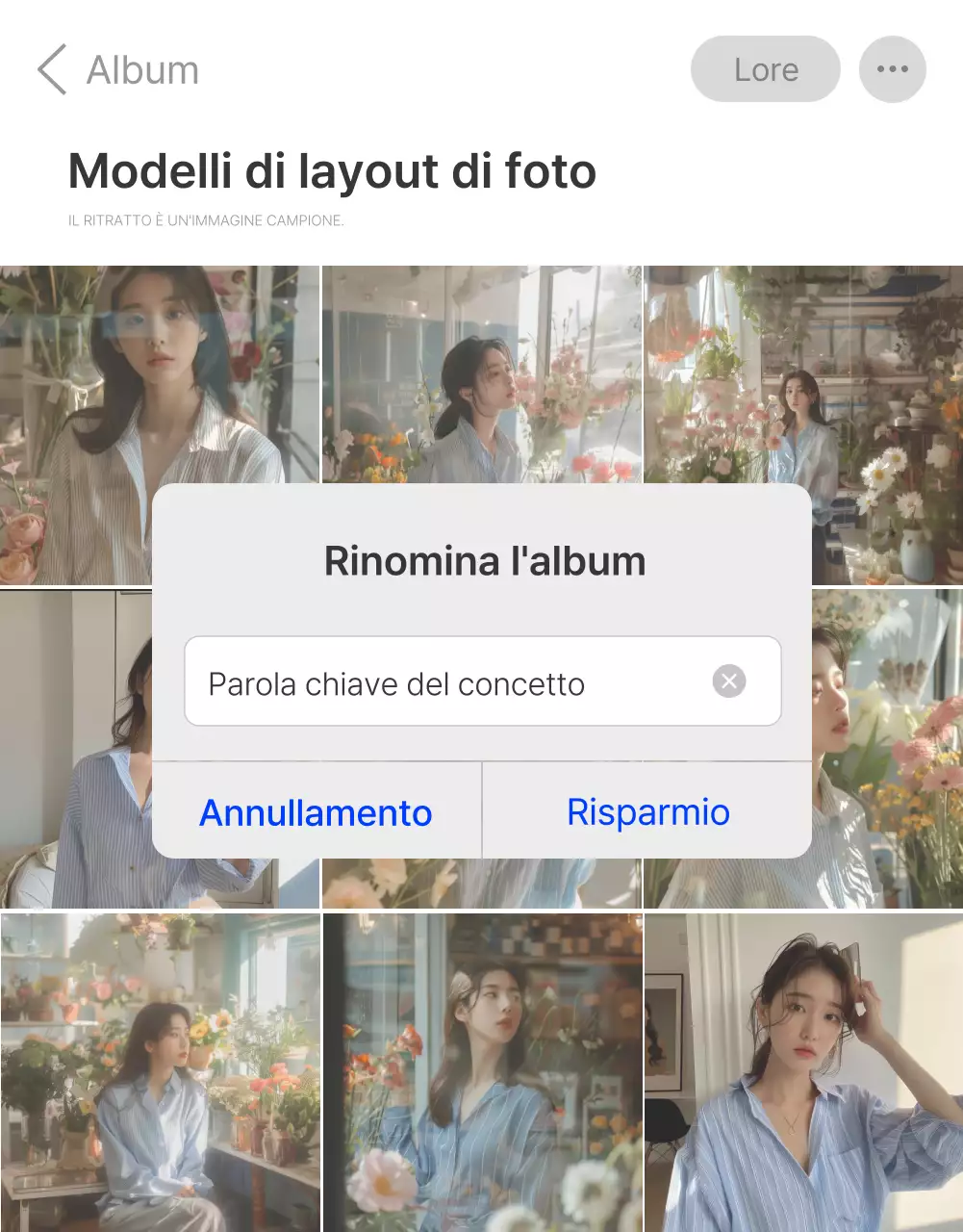 Un layout fotografico o una pubblicità per un centro commerciale di moda con uno stile semplice di emoji bianche e grigie.