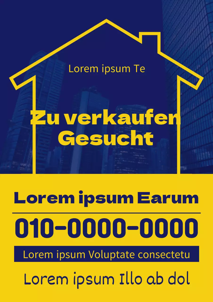 Eine einfache Anzeige für eine zu verkaufende Immobilie in Blau und Gelb