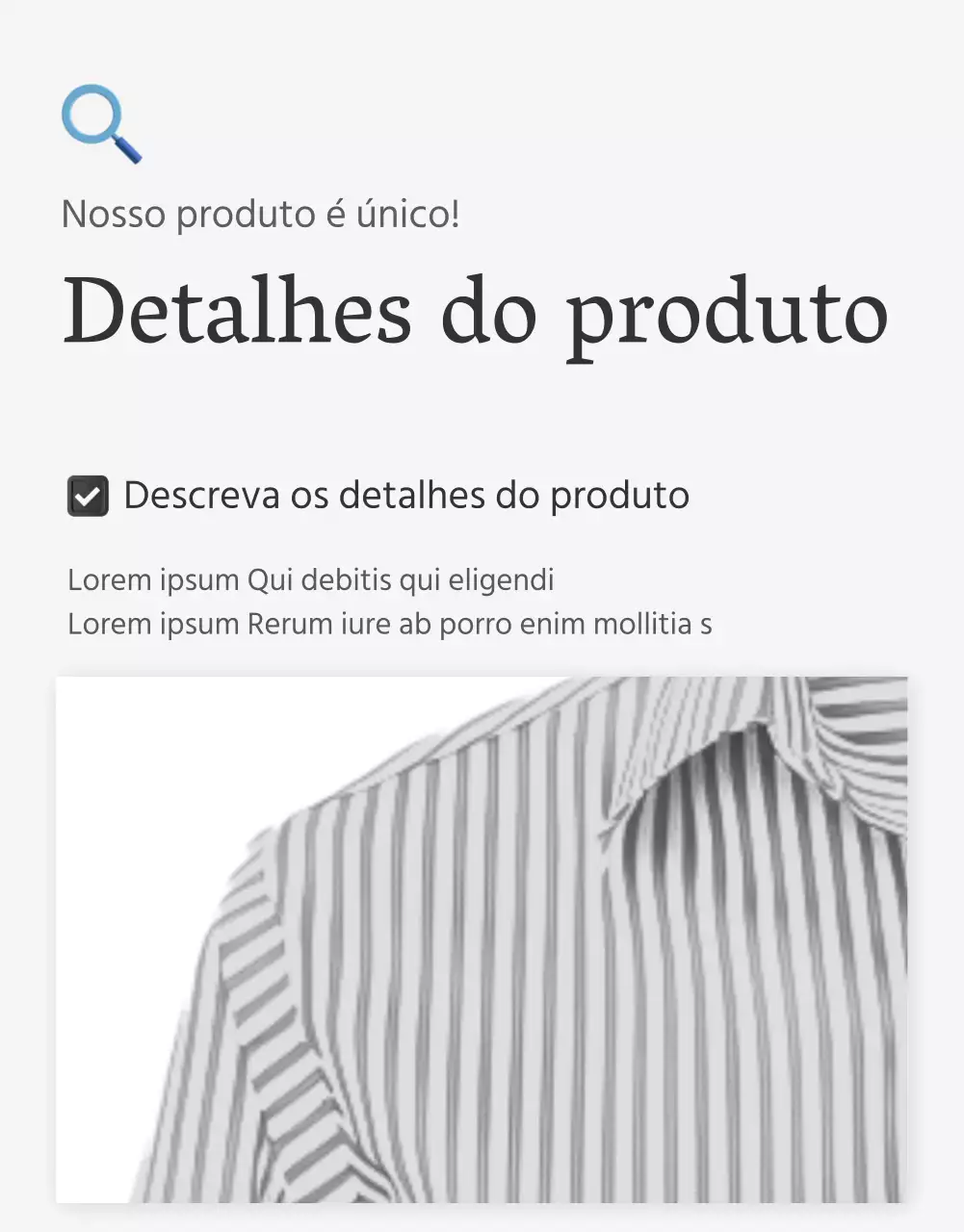 Descrições detalhadas de produtos ou anúncios de um centro comercial de moda, decorados com emojis brancos e cinzentos simples.