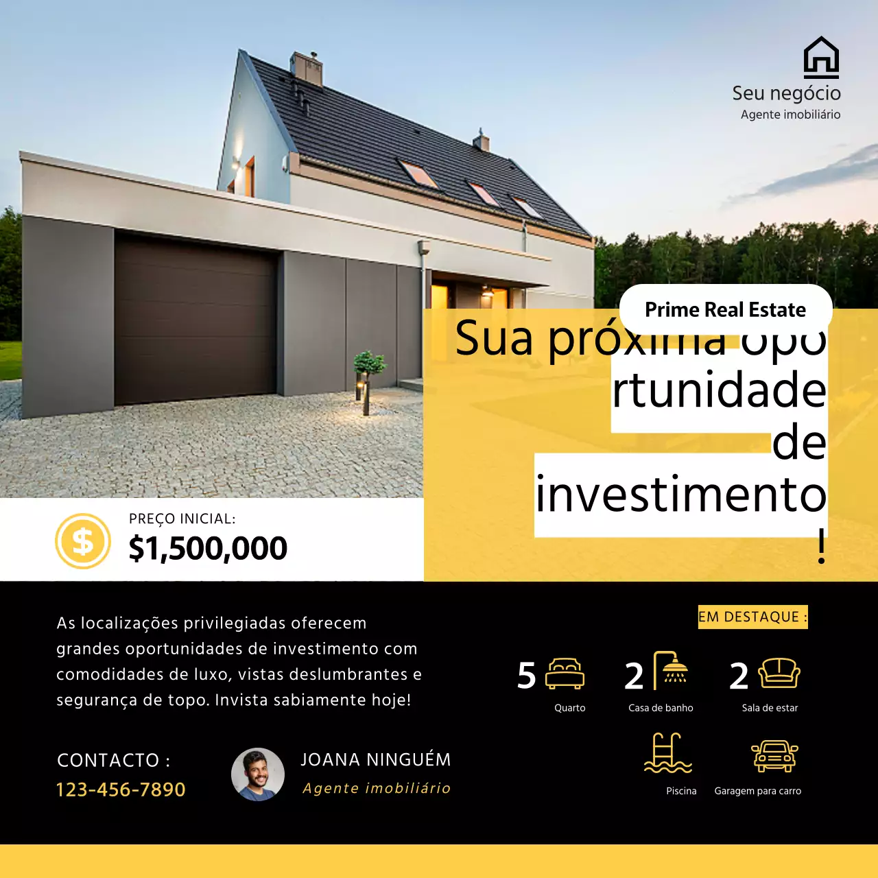 Post do Instagram sobre investimento imobiliário moderno e simples em preto e amarelo