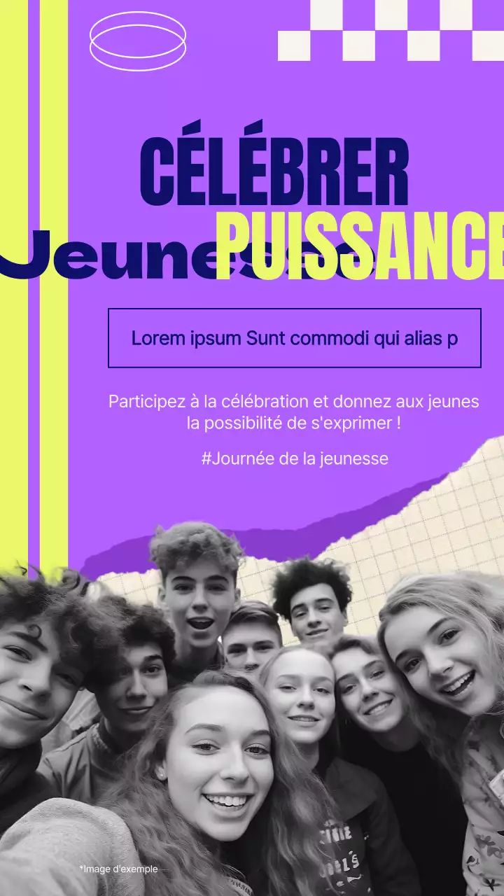 Publicité pour les célébrations de la Journée internationale de la jeunesse pourpre et jaune moderne