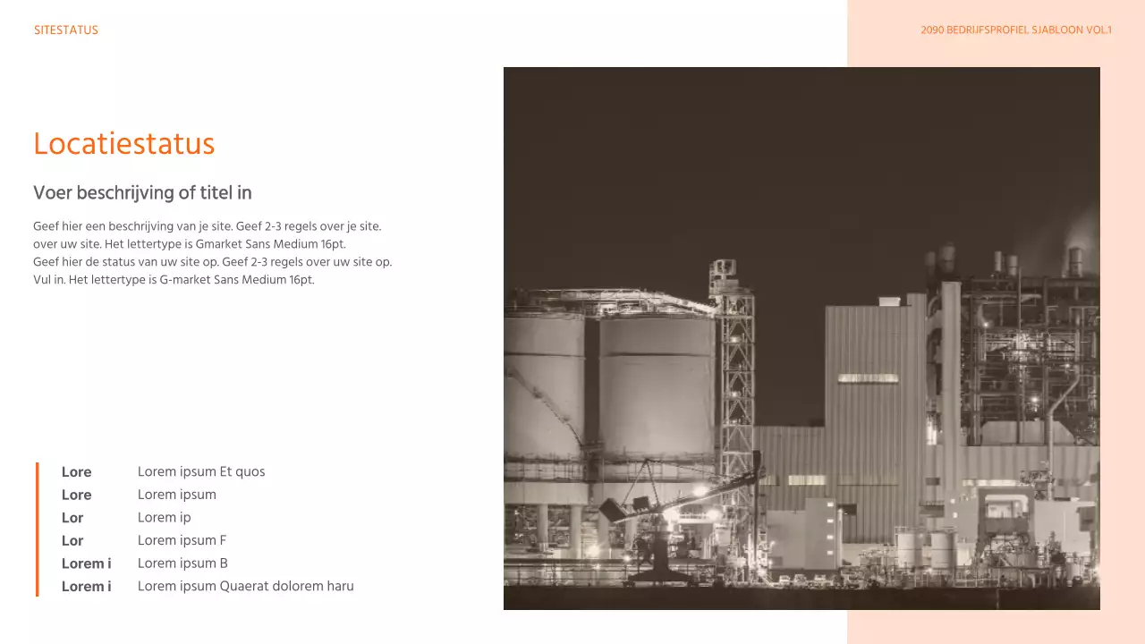 Een modern, oranje en wit, zwaar industrieel chemisch bedrijfsbriefhoofd