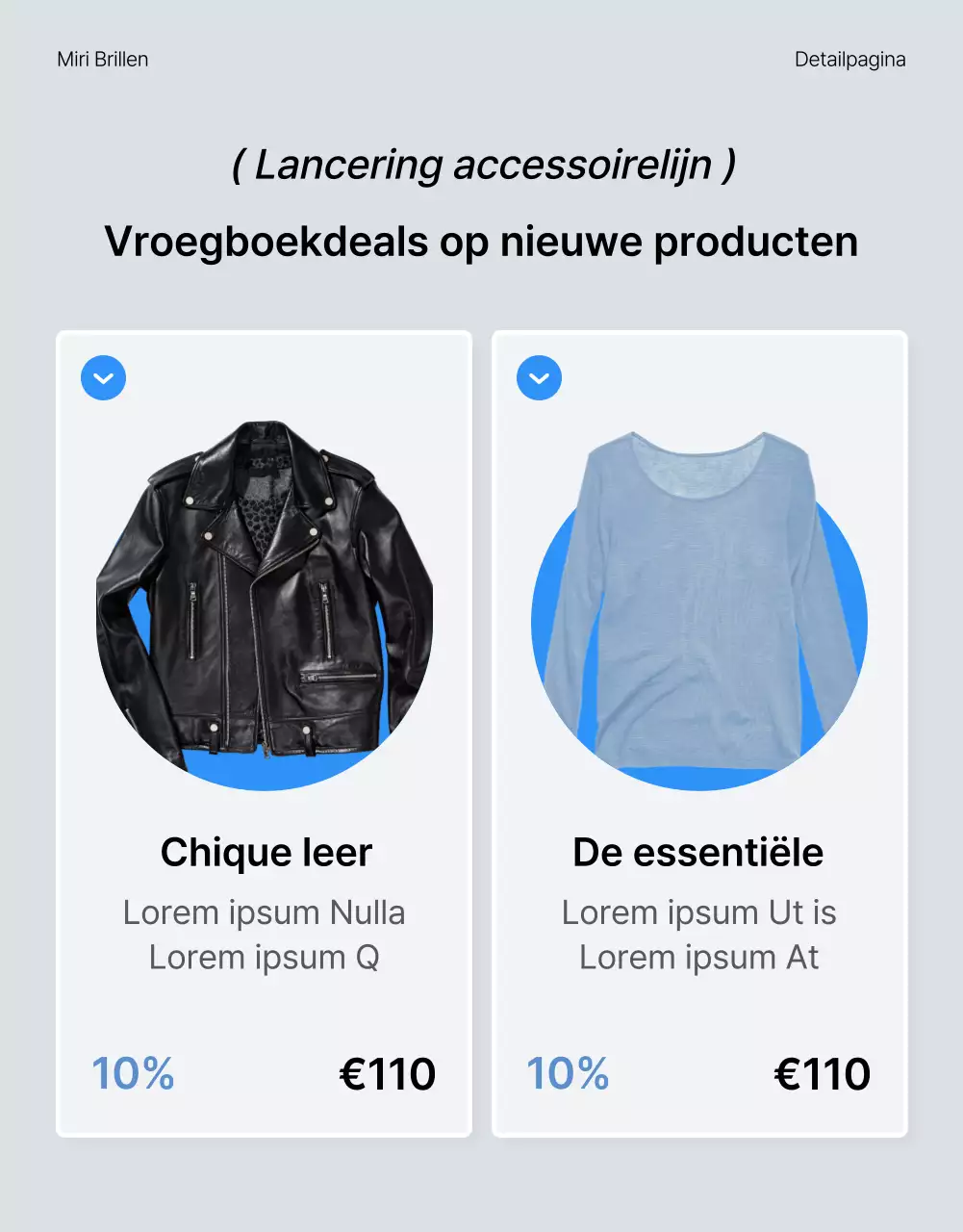 Beschrijf en promoot de details van een trendy blauw-witte fashion detailpagina