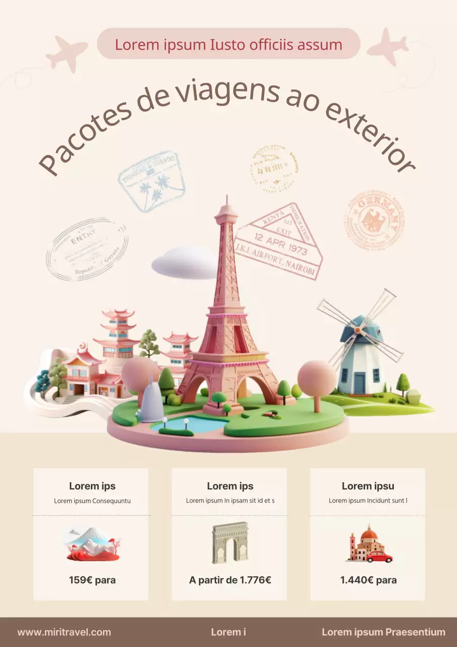 Um simples anúncio bege e cor-de-rosa para um pacote de férias internacional