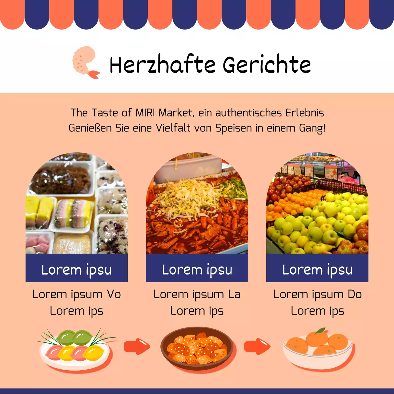 Werbung für einen modernen traditionellen Markt in Rot und Marineblau