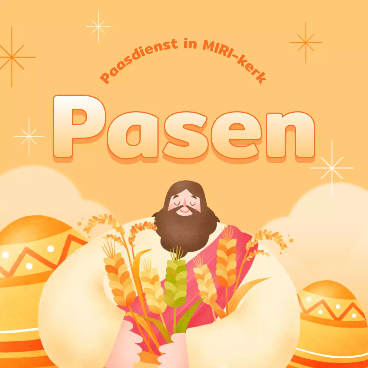 Een oranje en gele pop-art paasaankondiging