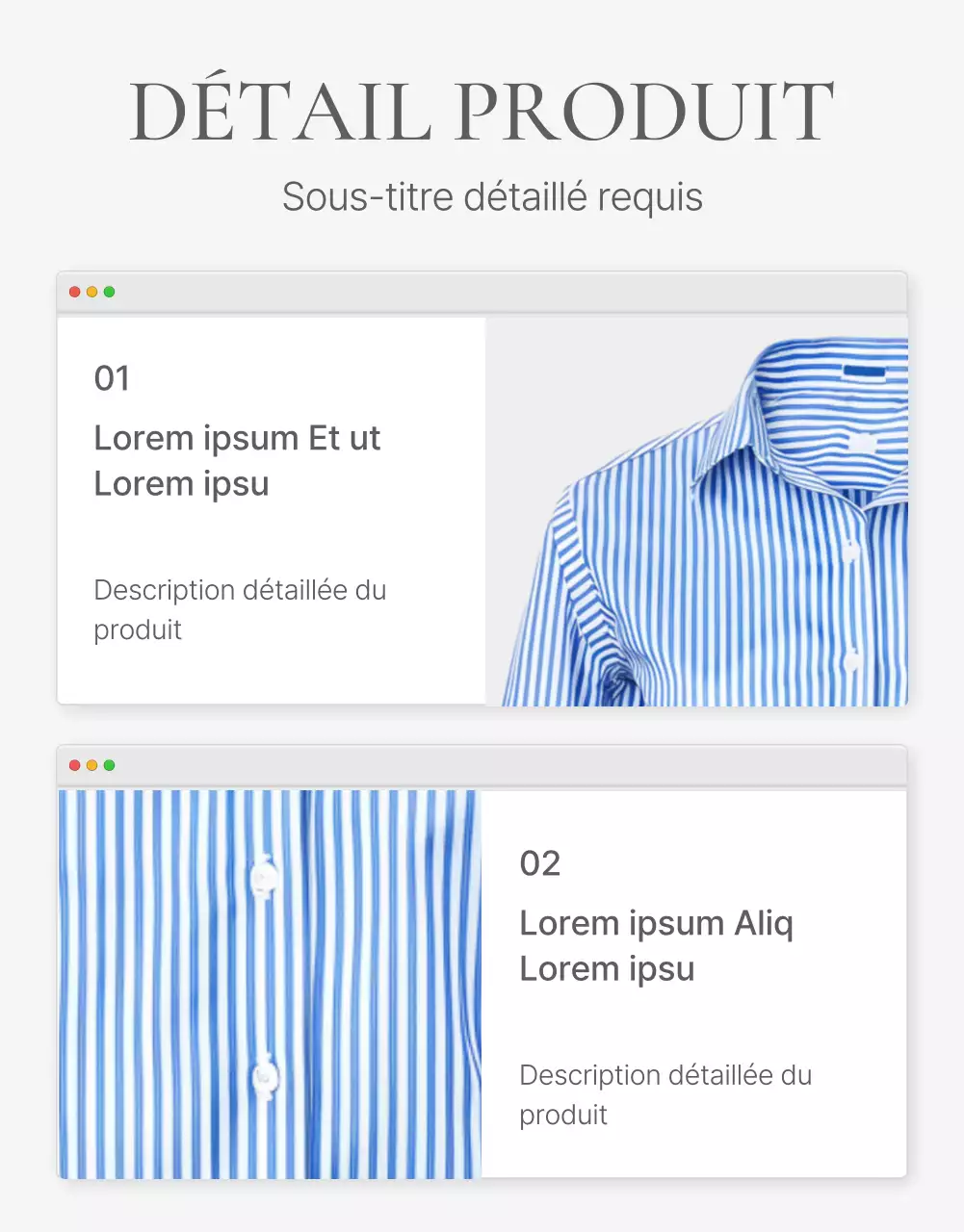 Descriptions détaillées de produits ou publicités pour un centre commercial de mode, décorées avec un style simple d'emojis blancs et gris.
