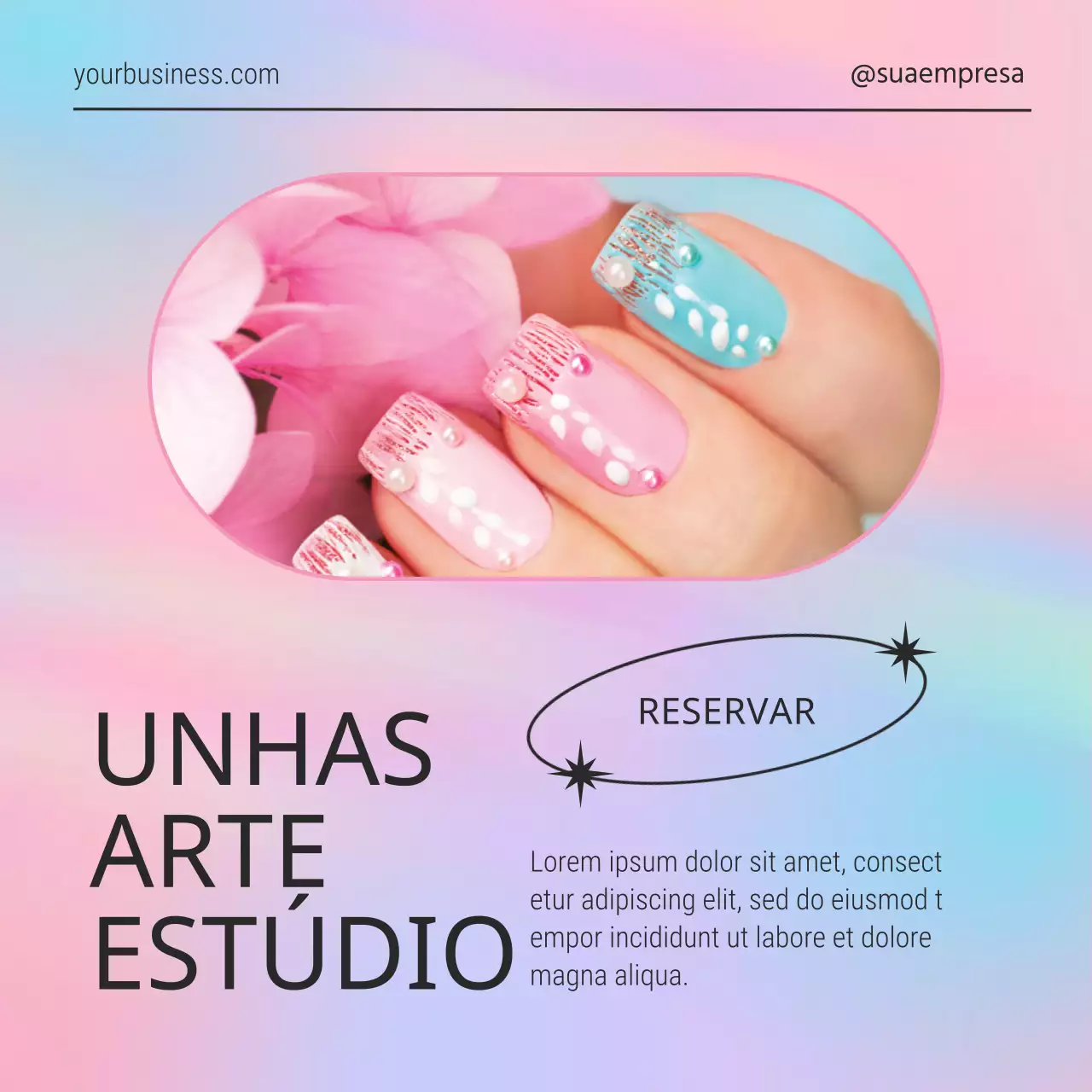 Promoção do elegante Nail Art Studio cor-de-rosa e azul