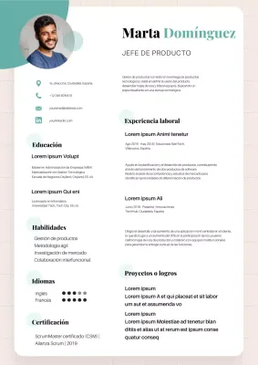 Currículum vitae sencillo de jefe de producto en blanco y verde