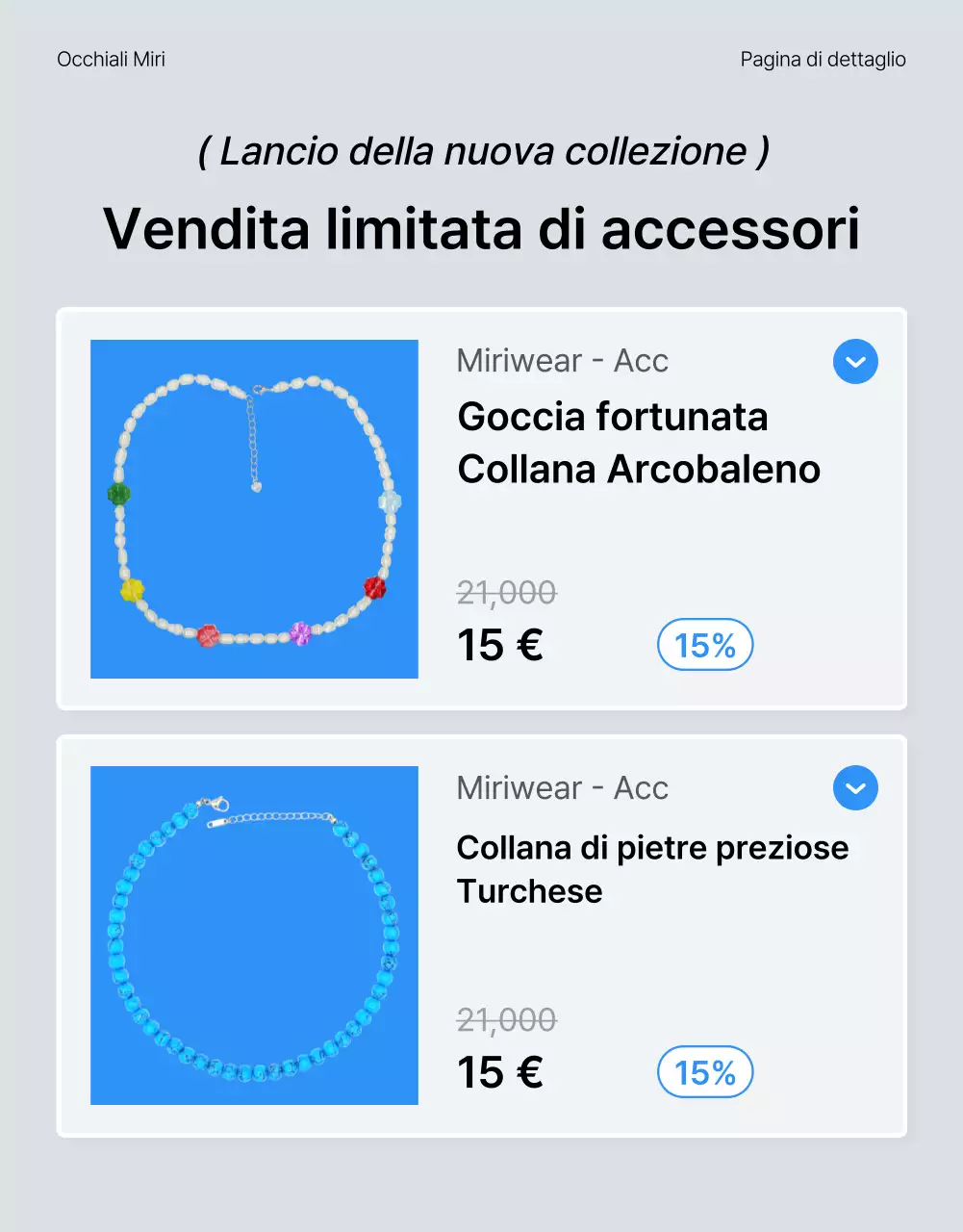 Descrivete e promuovete i dettagli di una pagina di dettaglio di moda blu e bianca di tendenza