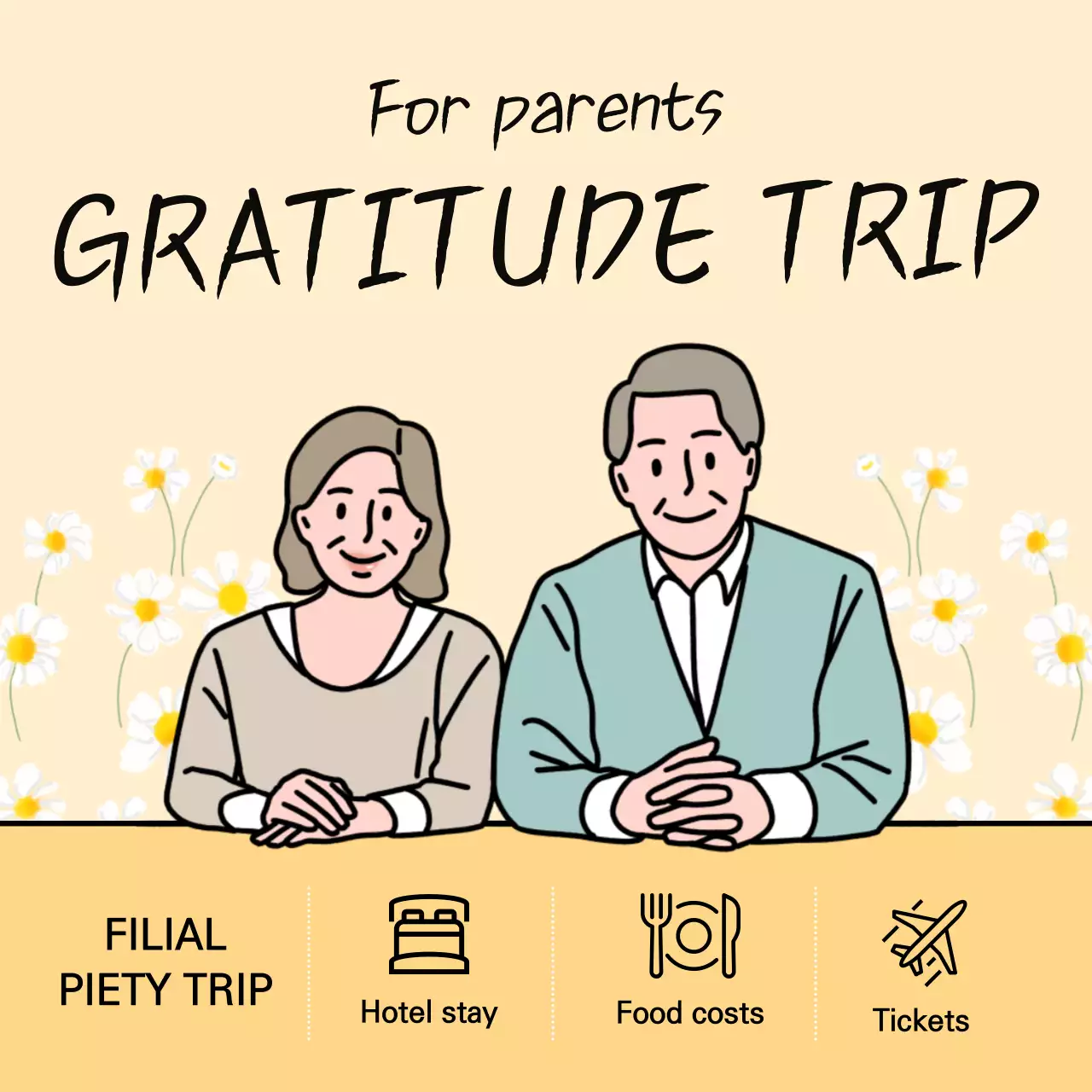 A cute filial piety tourism ad with a yellow background