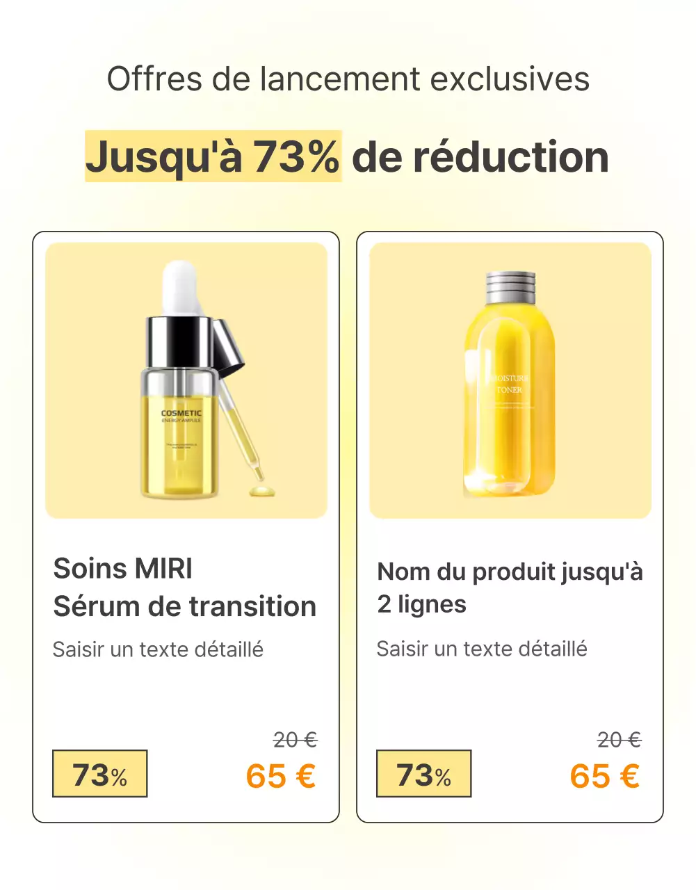 Promotion simple, optimisée pour les mobiles et détaillée sur les soins de la peau en jaune et orange