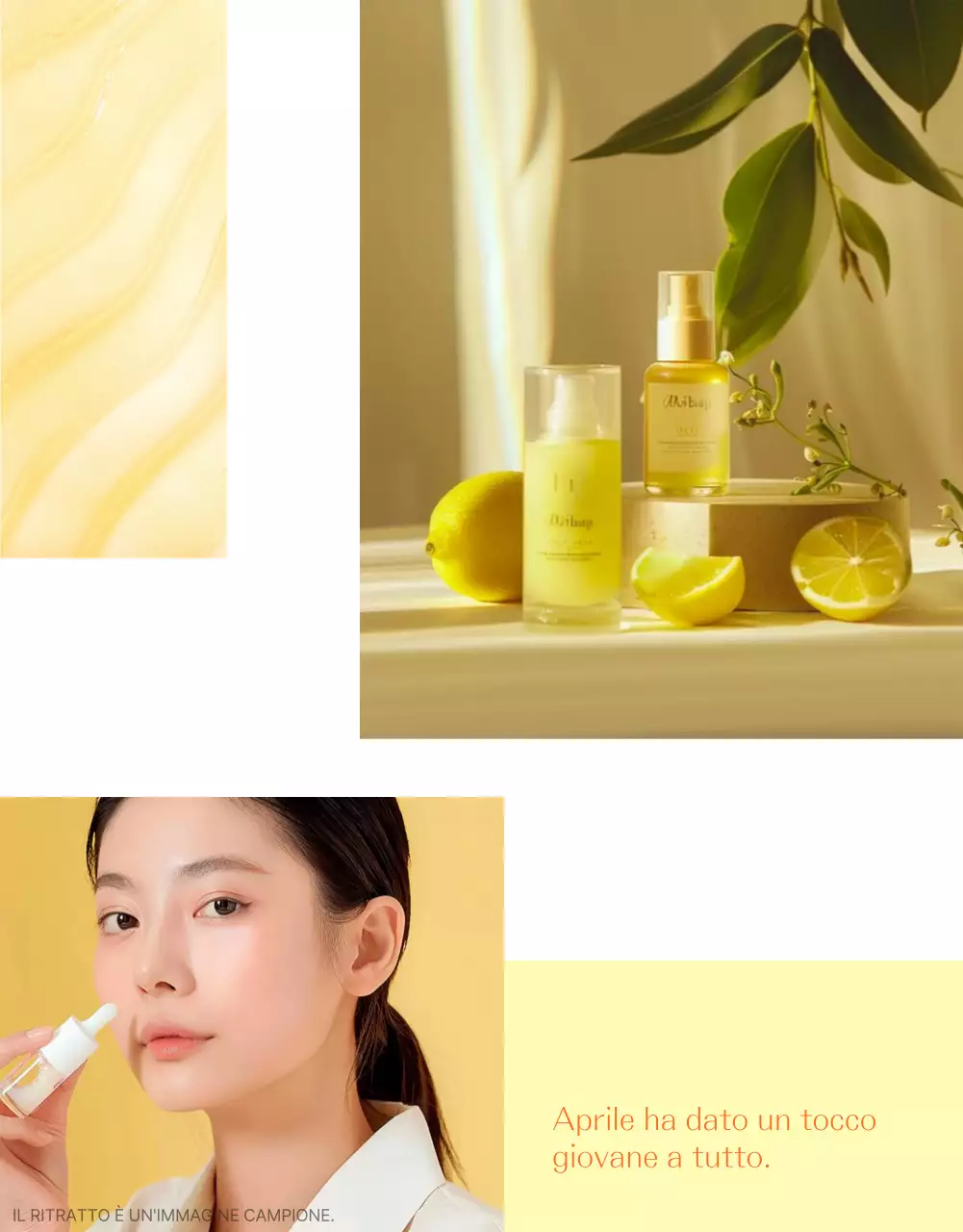 Promuovere un semplice layout fotografico di cosmetici per la cura della pelle in giallo e arancione
