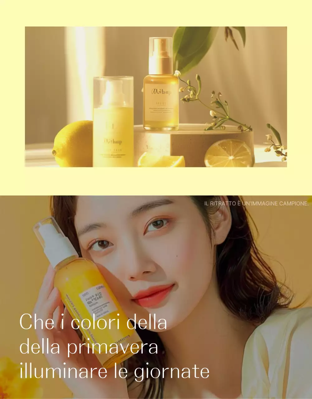 Promuovere un semplice layout fotografico di cosmetici per la cura della pelle in giallo e arancione