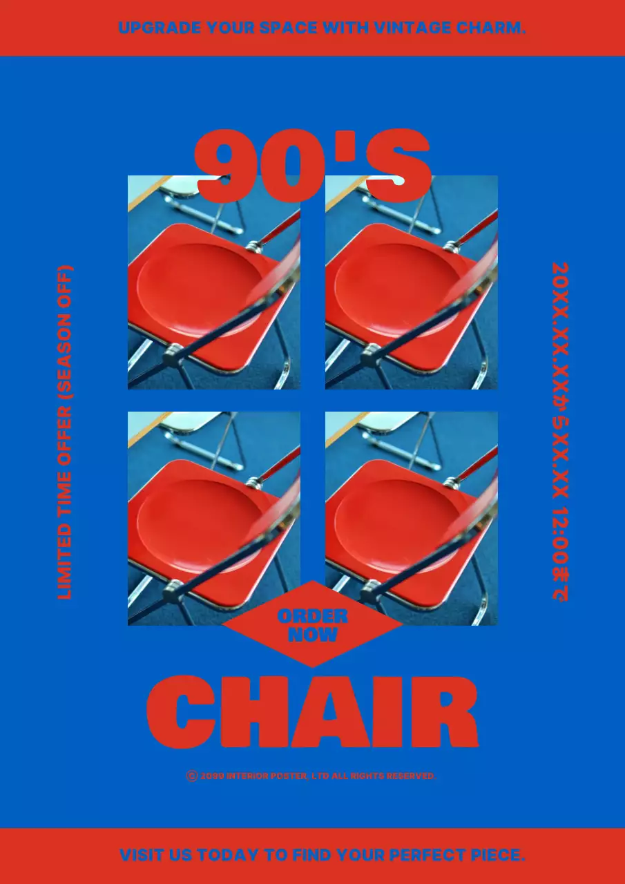 赤と青のヴィンテージ感のあるインテリアチェアの割引広告