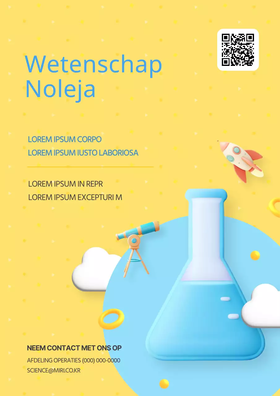 Een moderne evenementadvertentie voor de Dag van de Wetenschap in lichtblauw en geel