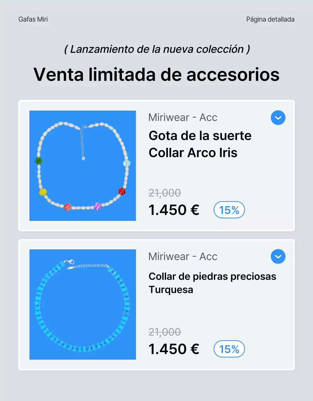 Describir y promocionar los detalles de una página de detalles de moda en azul y blanco