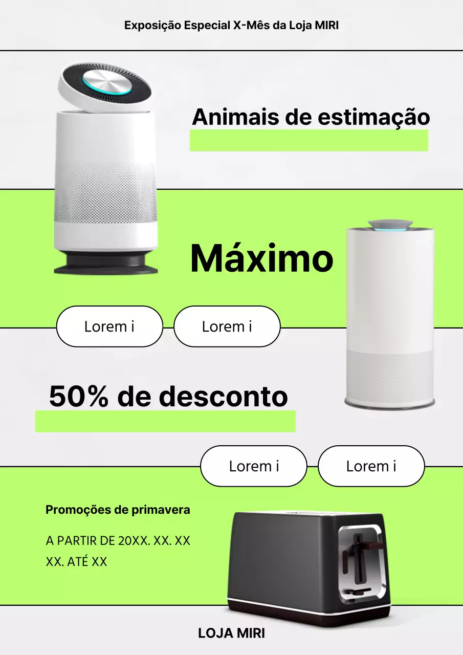 Um anúncio de desconto de electrodomésticos da moda em cores fluorescentes e chartreuse.