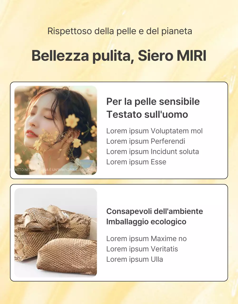 Promozione semplice, ottimizzata per i dispositivi mobili e dettagliata dei cosmetici per la cura della pelle in giallo e arancione