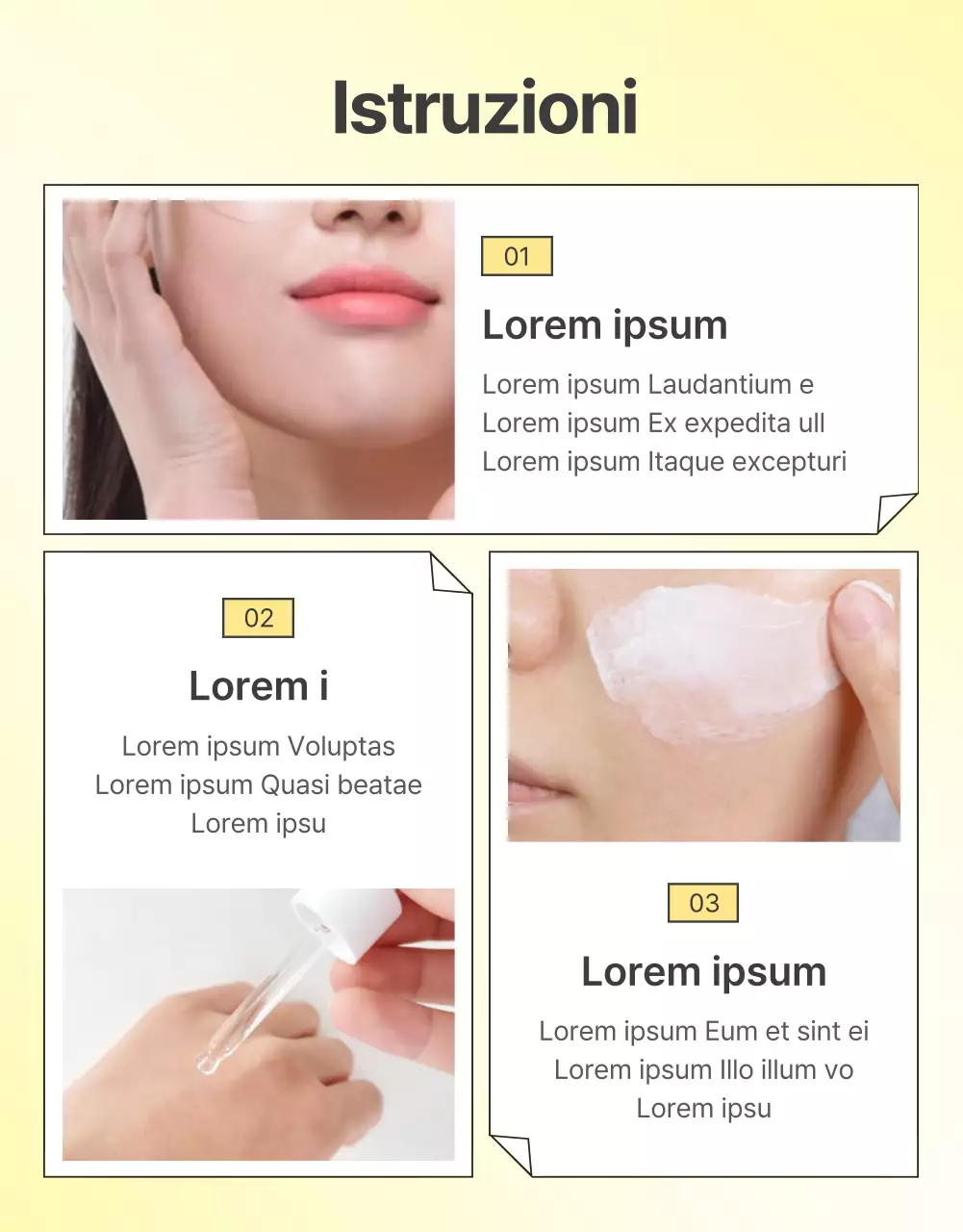 Descrivere e dettagliare semplici prodotti per la cura della pelle in giallo e arancione.