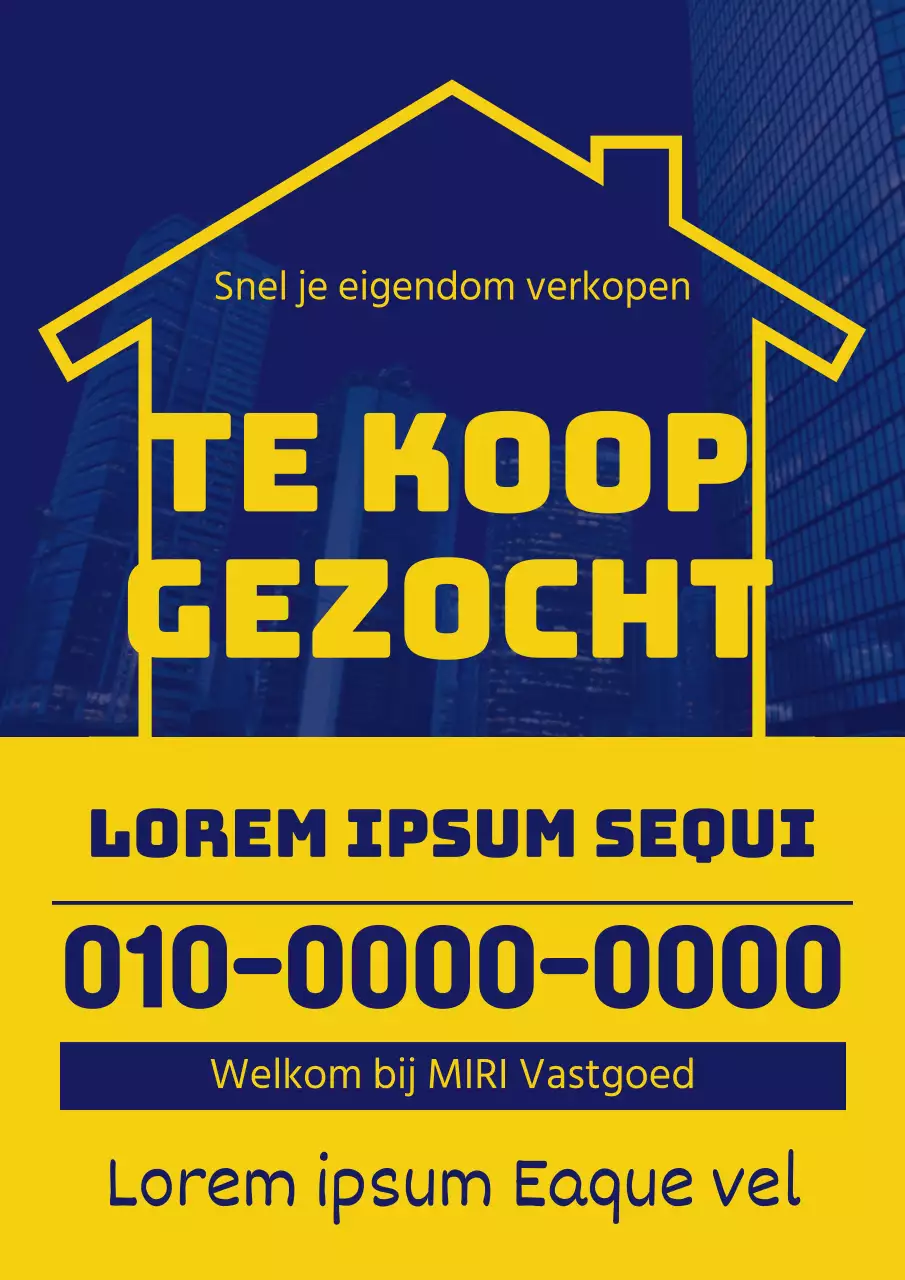 Een eenvoudige advertentie voor een huis te koop in blauw en geel