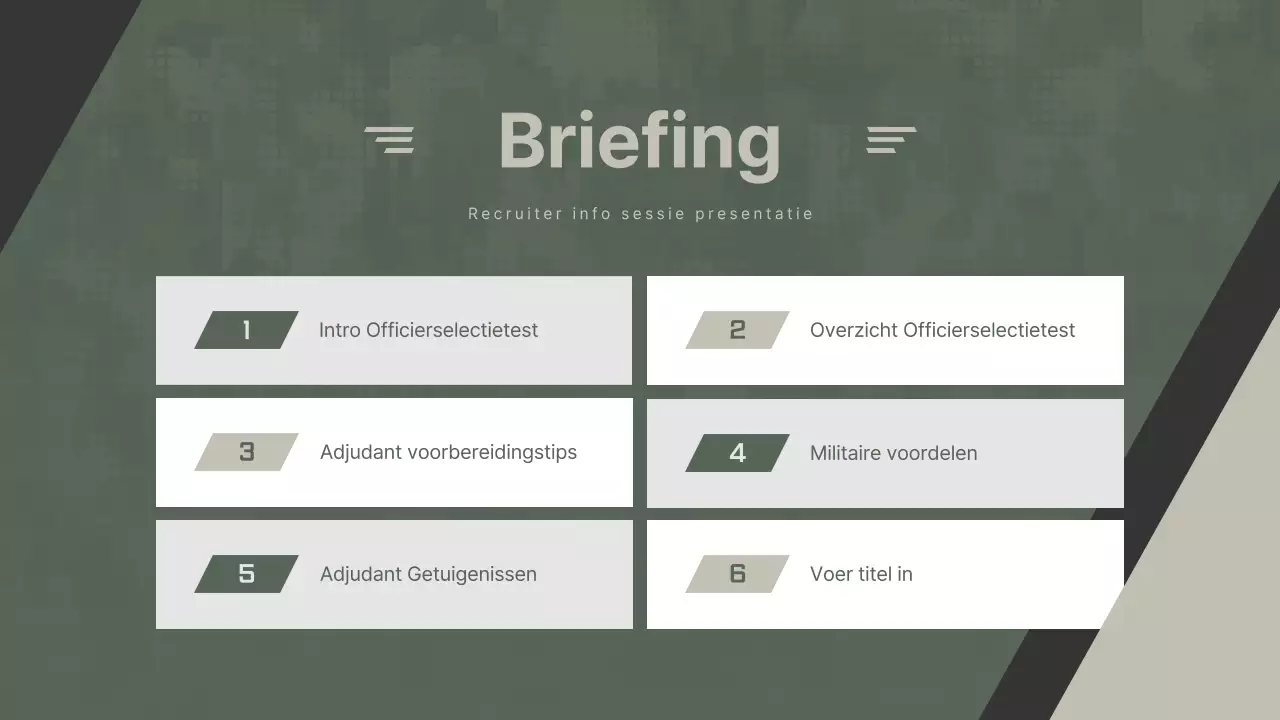 Een eenvoudige, kakikleurige presentatie voor de onderofficiersbriefing