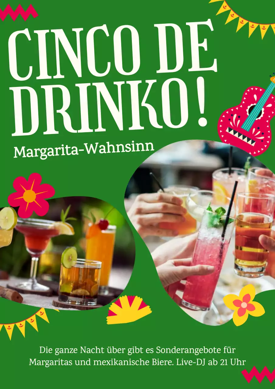 Moderne Cinco de Dringos-Werbung in Grün und Gelb