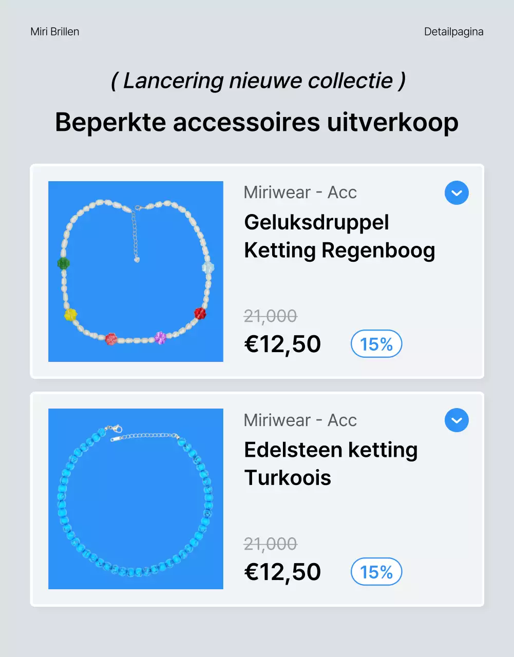 Beschrijf en promoot de details van een trendy blauw-witte fashion detailpagina