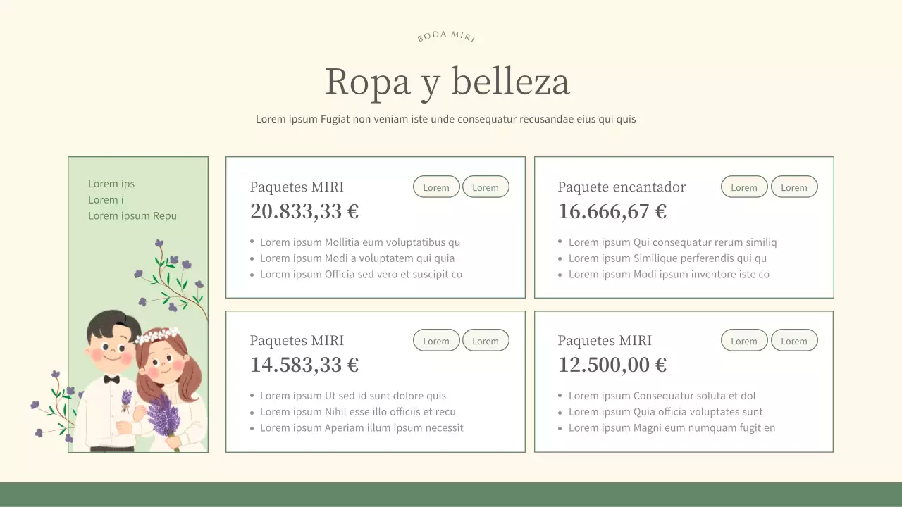Bonito plan de marketing para organizadores de bodas en verde y marfil