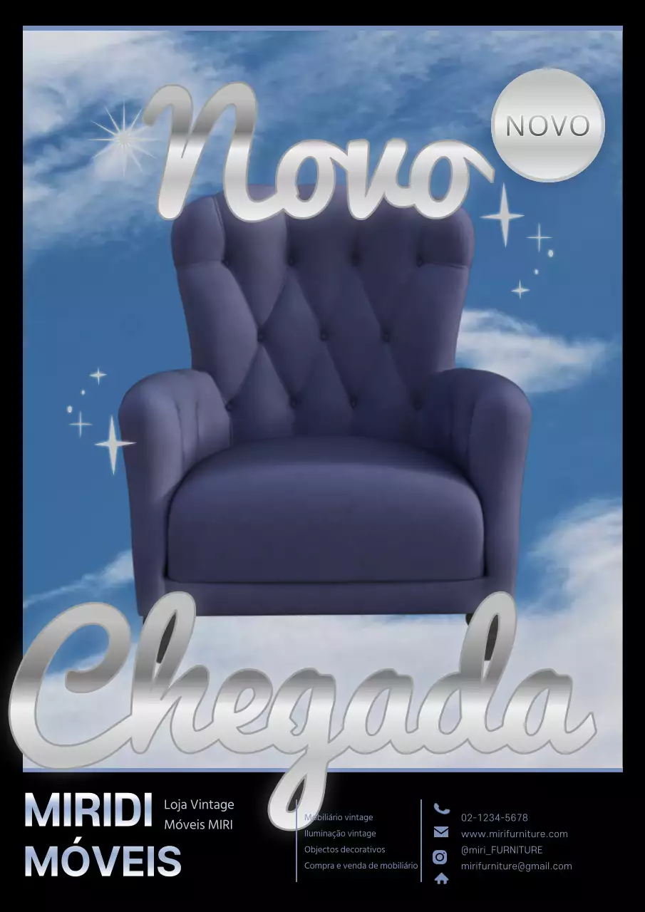 Cartaz promocional de uma loja de mobiliário vintage chique em preto e azul claro.