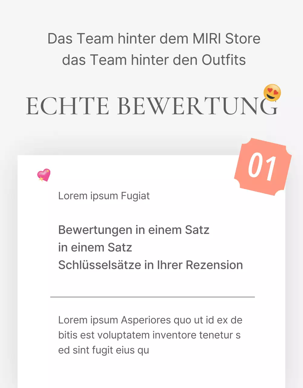 Eine Rezension oder Werbung für ein Modegeschäft mit einem einfachen weißen und grauen Emoji-Stil.