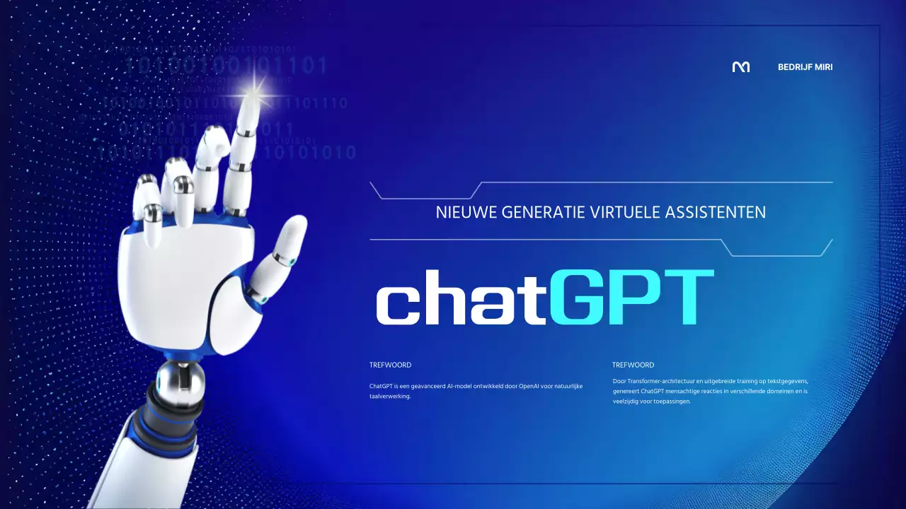 Een cybernetische AI-presentatie in blauwe en fluorescerende kleuren