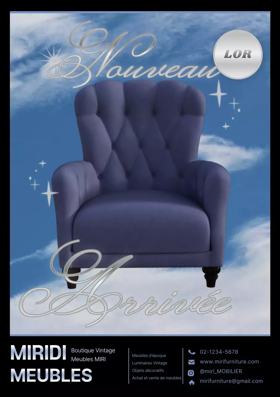 Affiche promotionnelle d'un magasin de meubles vintage chic, en noir et bleu clair.