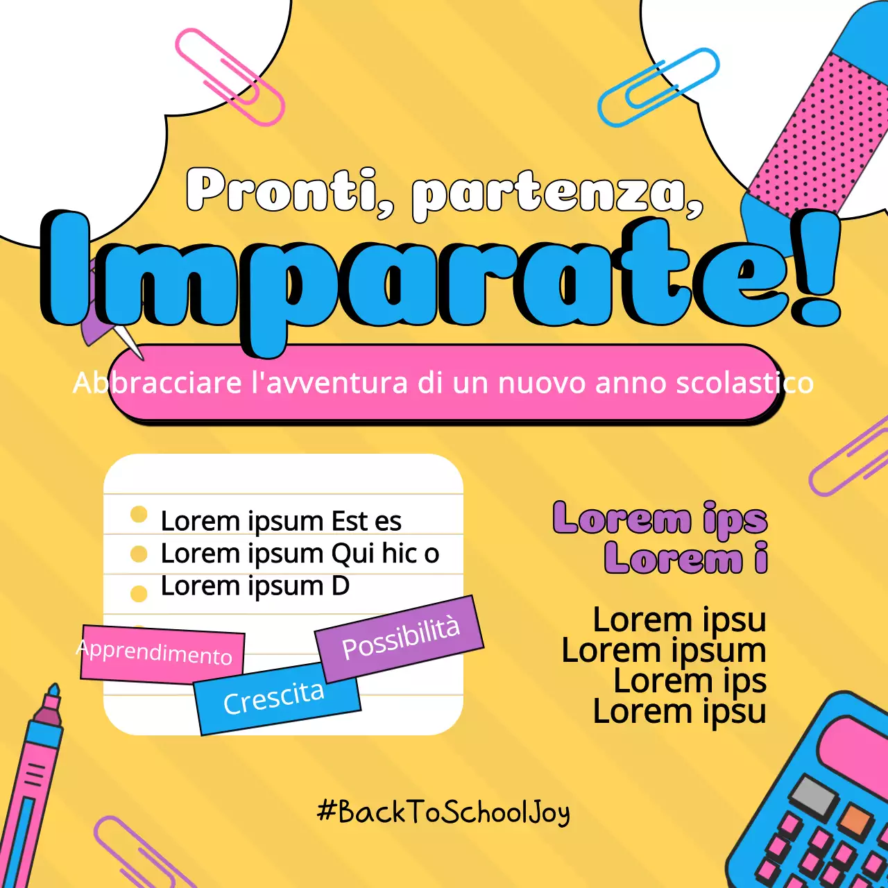 Pubblicità retrò del ritorno a scuola in giallo e viola.