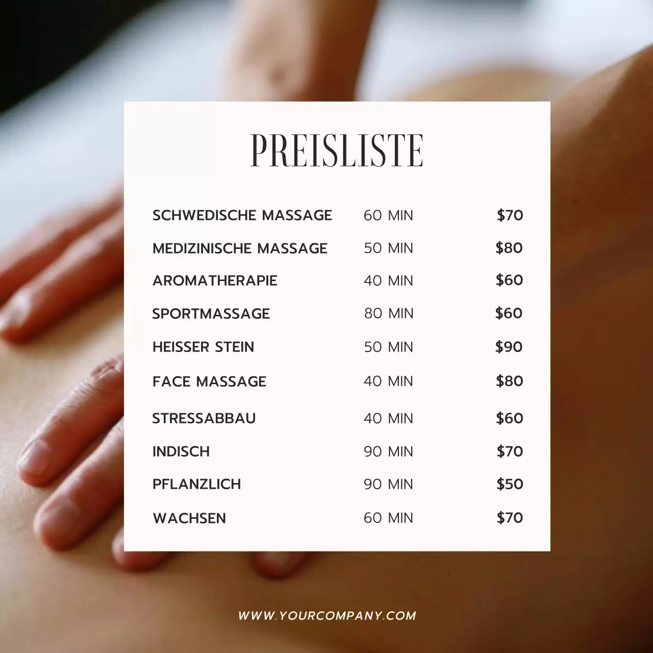 Beige und Schwarz Einfaches Massagestudio Preisliste Promotion