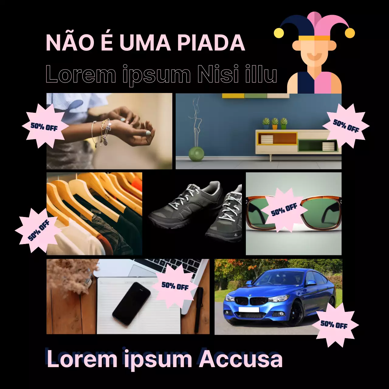 Promoção de venda do dia da mentira preto-rosa