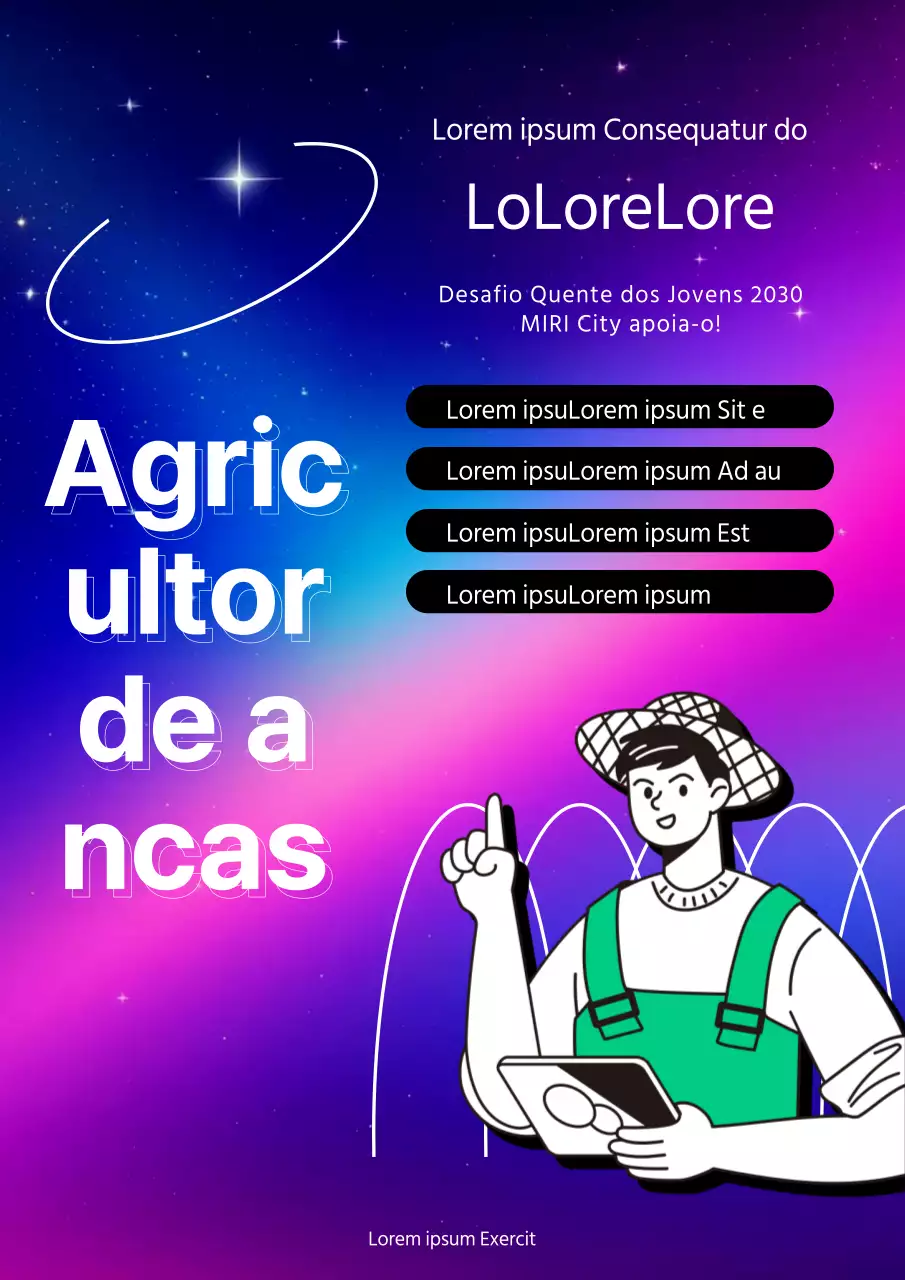 Promoção do projeto rural cyberpunk branco e roxo para jovens
