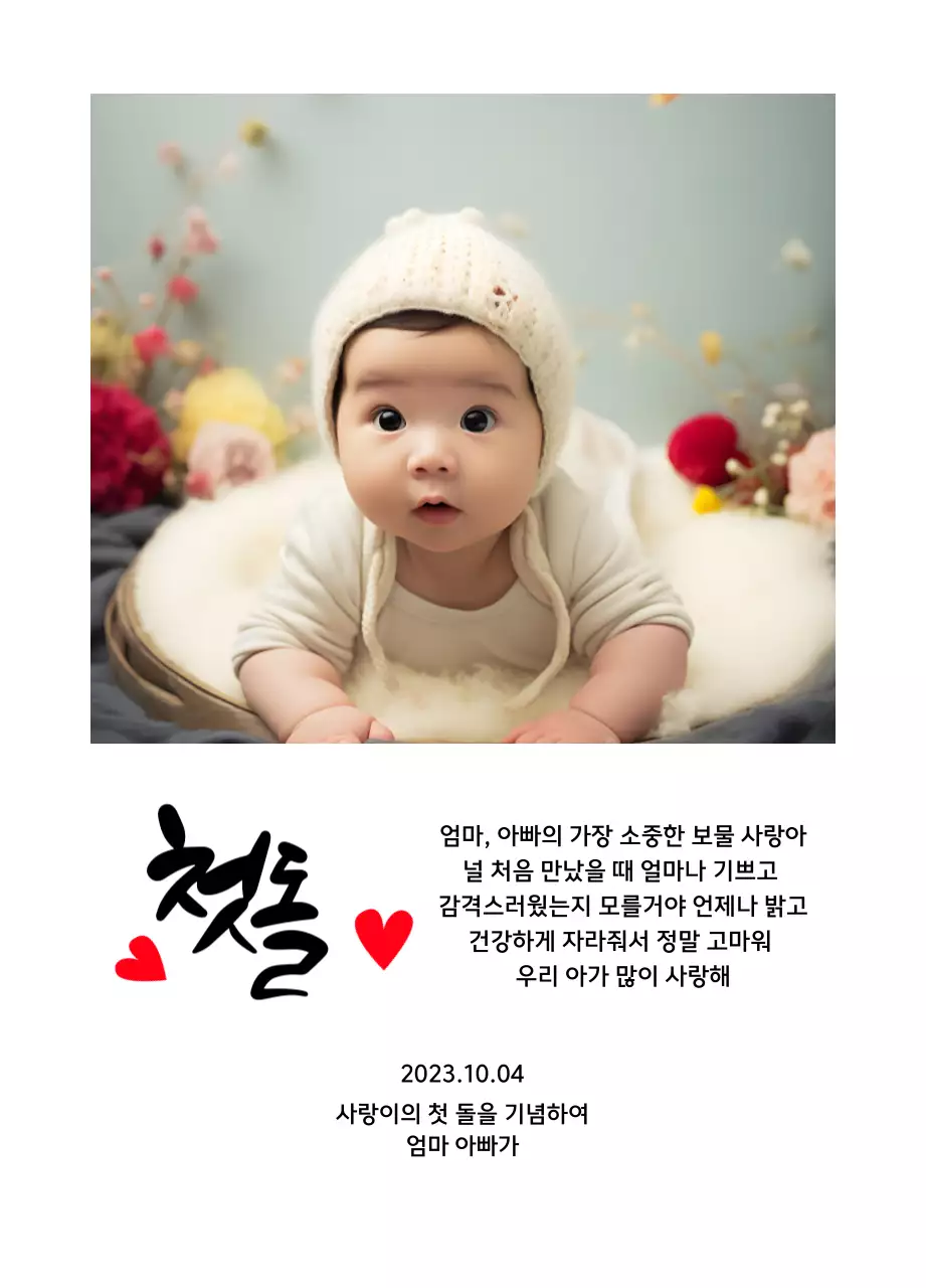 하트 사진과 캘리그라피가 있는 귀여운 느낌의 첫돌 상패