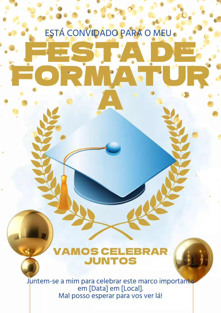 Convite de festa de formatura simples em azul e amarelo