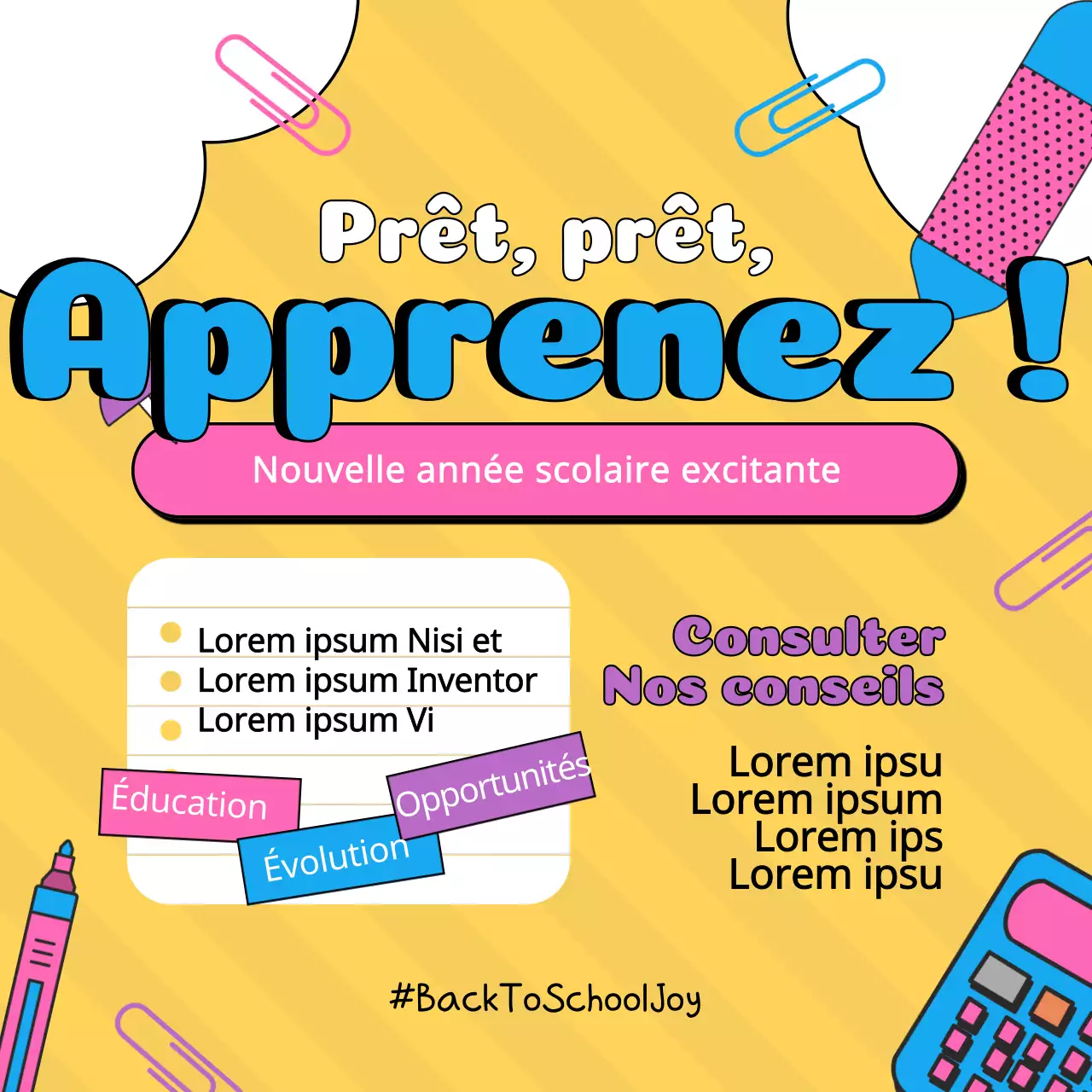 Publicité rétro jaune et violette pour la rentrée scolaire.