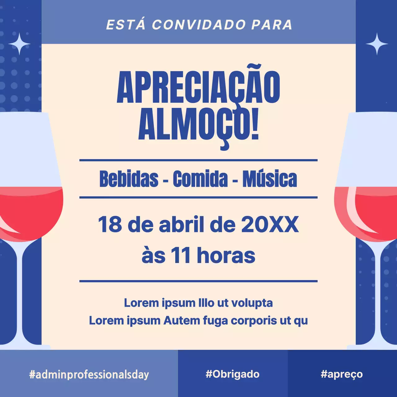 Convite para festa de almoço do Dia do Profissional de Secretariado moderno em azul-marinho e bege