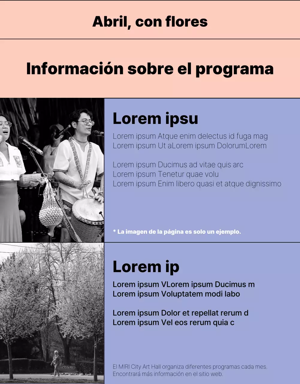 Información sencilla sobre el programa de espectáculos en malva y rosa