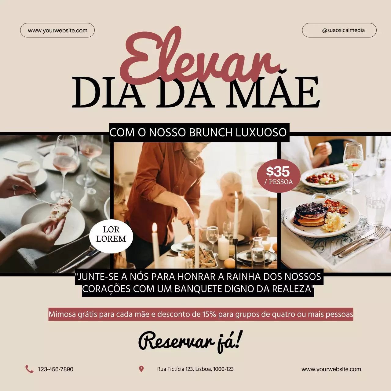 Brunch especial clássico minimalista bege para celebrar o Dia da Mãe