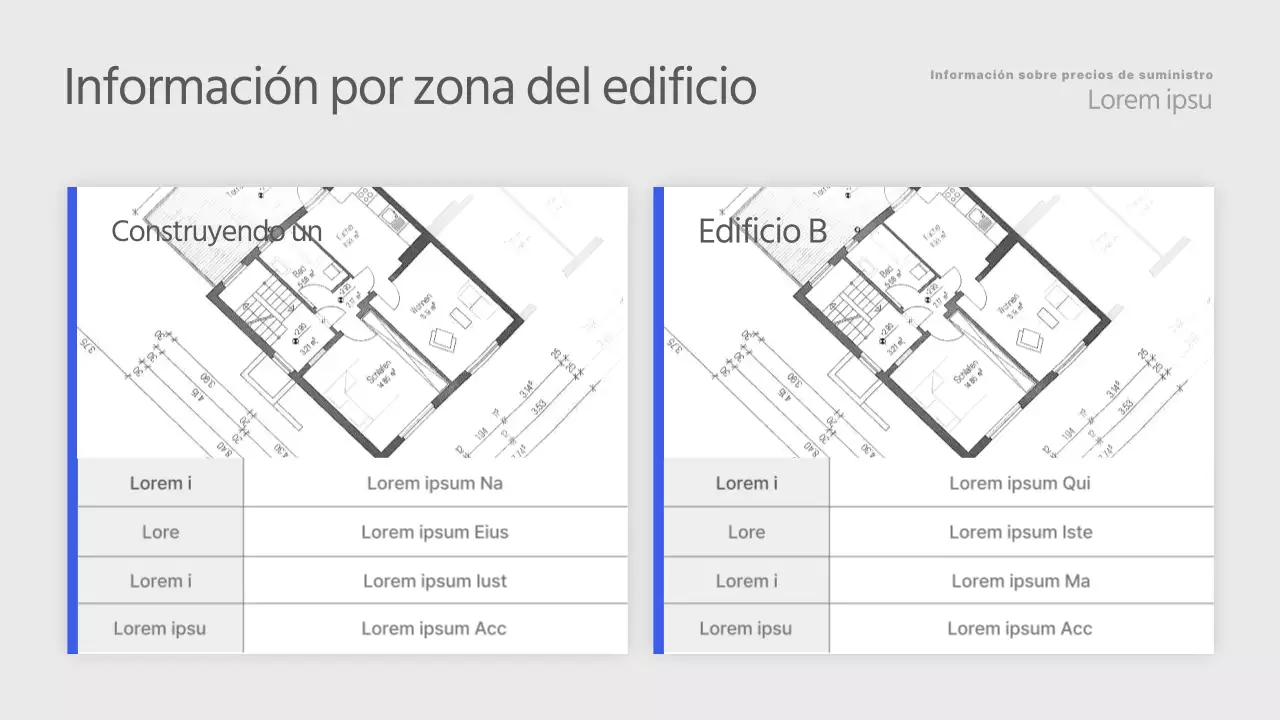 Una simple lista de propiedades en azul y gris