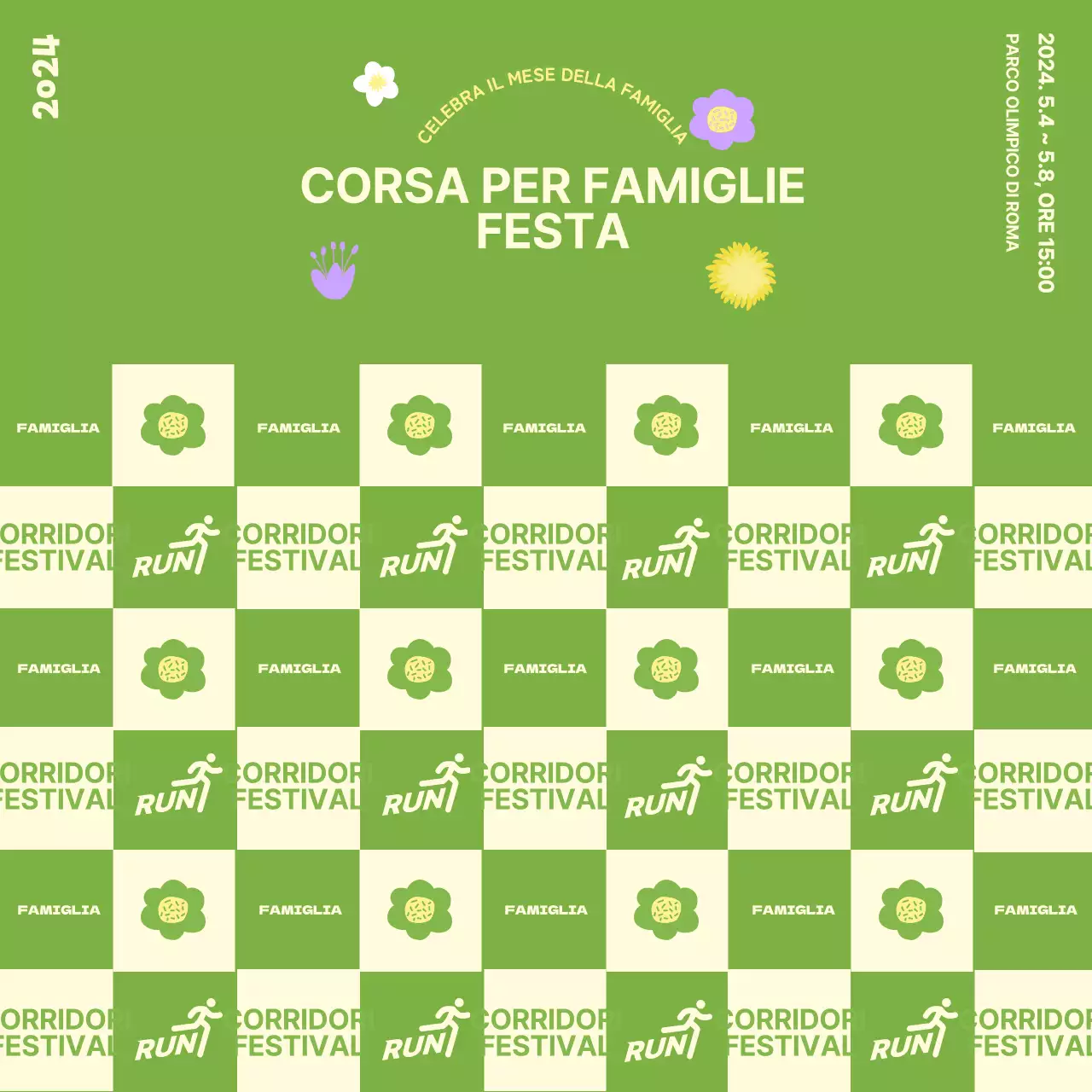 Design di photowall per cabine fotografiche di festival di famiglia con illustrazioni floreali a tema primaverile su sfondo verde