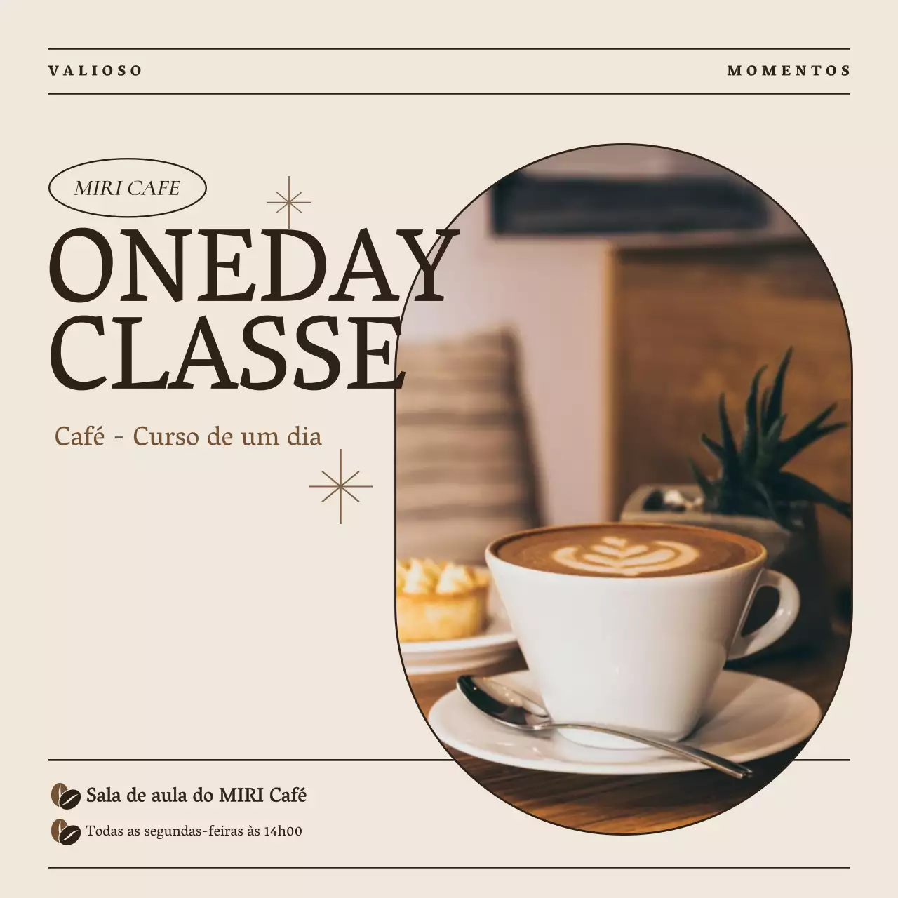 Anúncio de aula de um dia de café moderno em bege e castanho