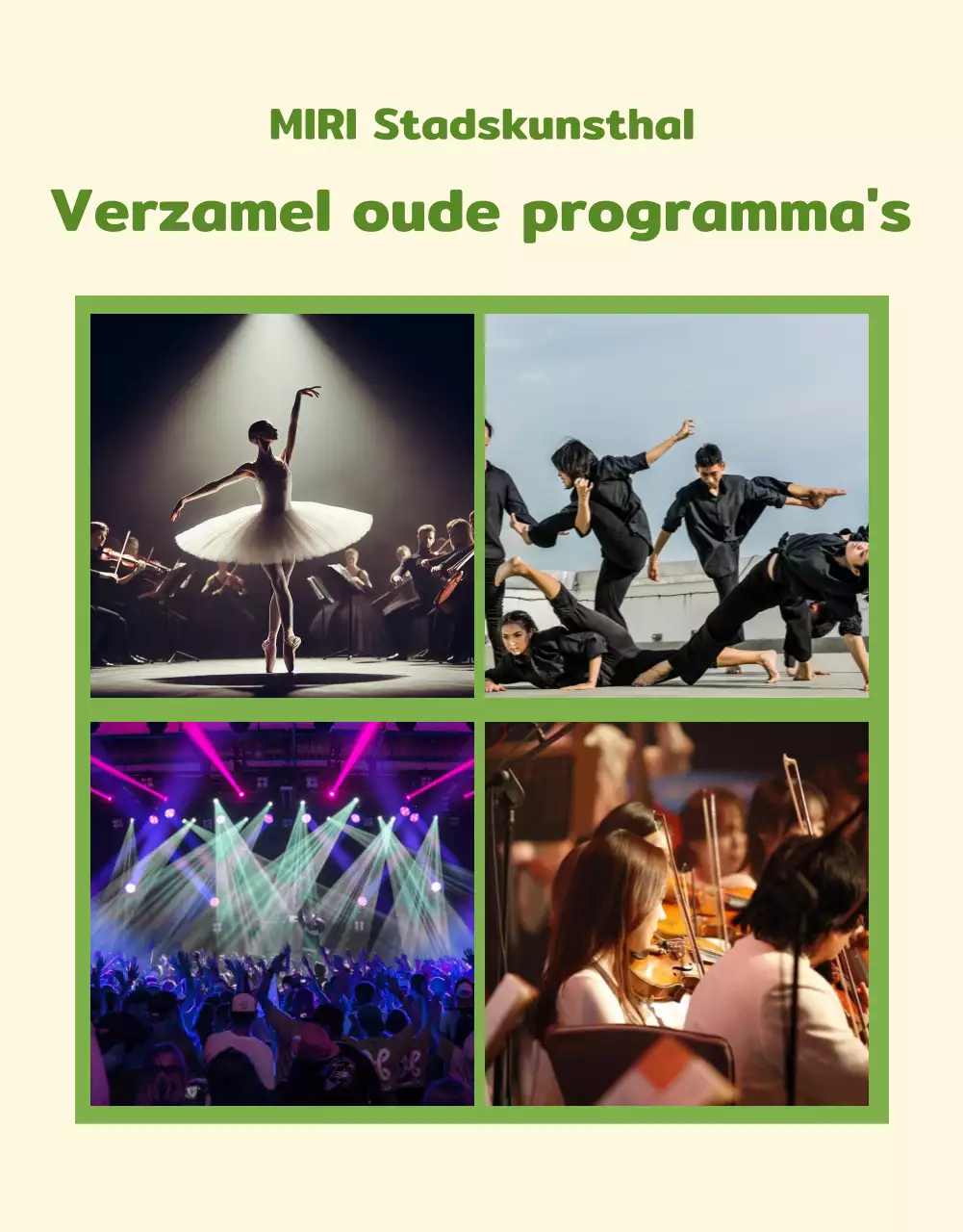 Informatie over het programma van optredens in deze gezellige limoengroene en ivoorkleurige zaal