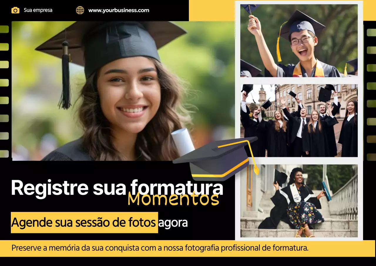 Amarelo Preto Moderno Capture os seus momentos de formatura com uma sessão fotográfica
