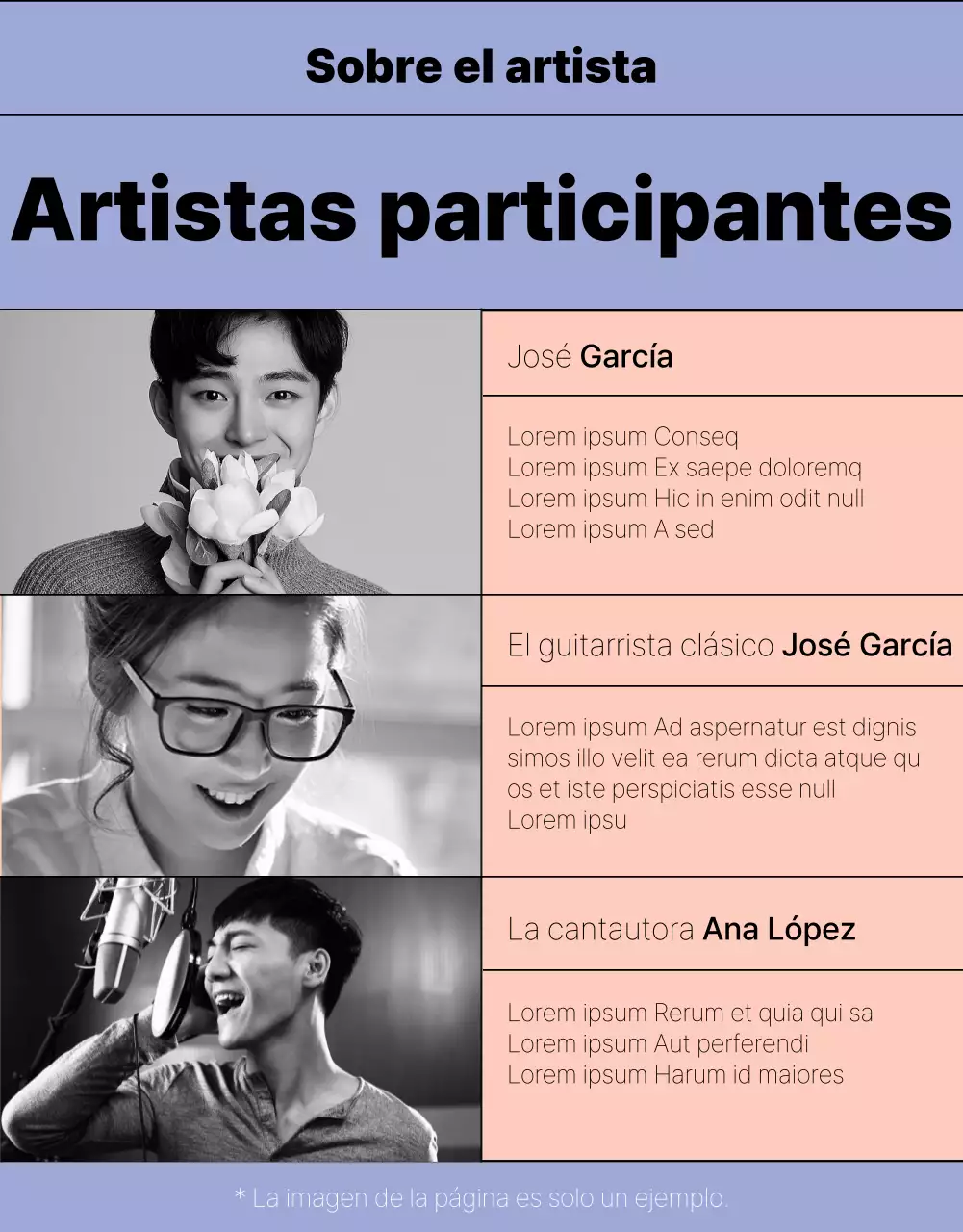 Información sencilla sobre el programa de espectáculos en malva y rosa