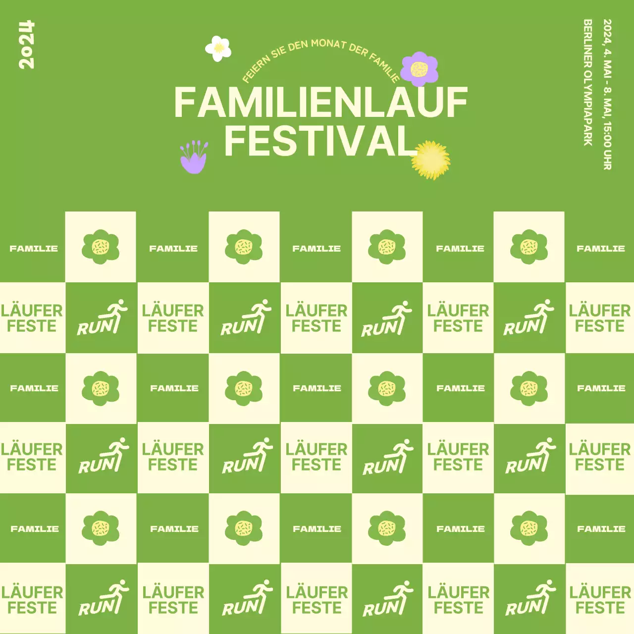 Familie läuft Festival Fotowand Design mit floralen Illustrationen in einem Frühlingsthema vor einem grünen Hintergrund